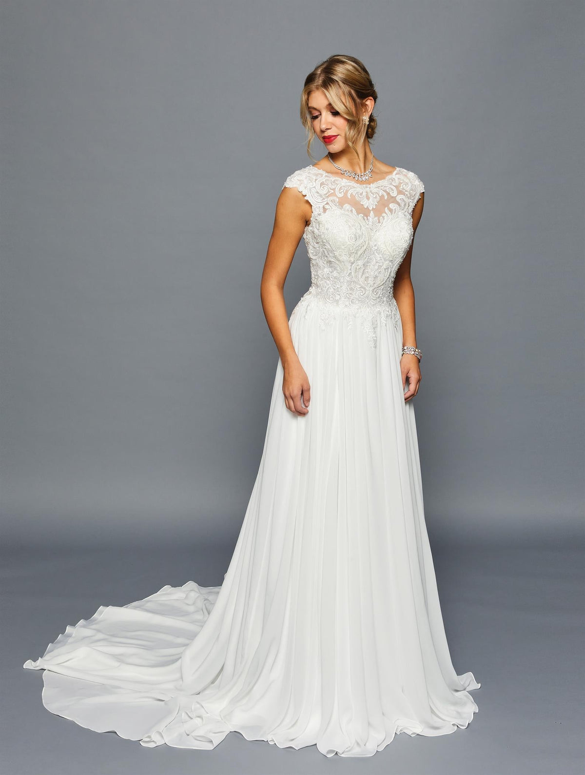Lace Wedding Dress with Scoop Neckline Cap Sleeves & Chiffon A-Line Skirt by Deklaire Bridal 455 – SuitUSA