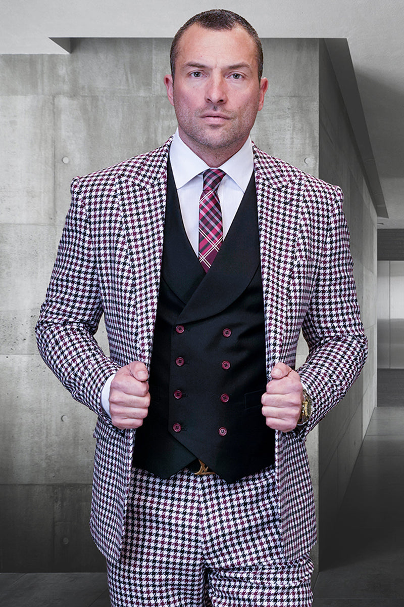 Men's Designer Wool Modern Fit Wide Peak Lapel Vested Suit in Burgundy Houndstooth Micro Plaid – SuitUSA