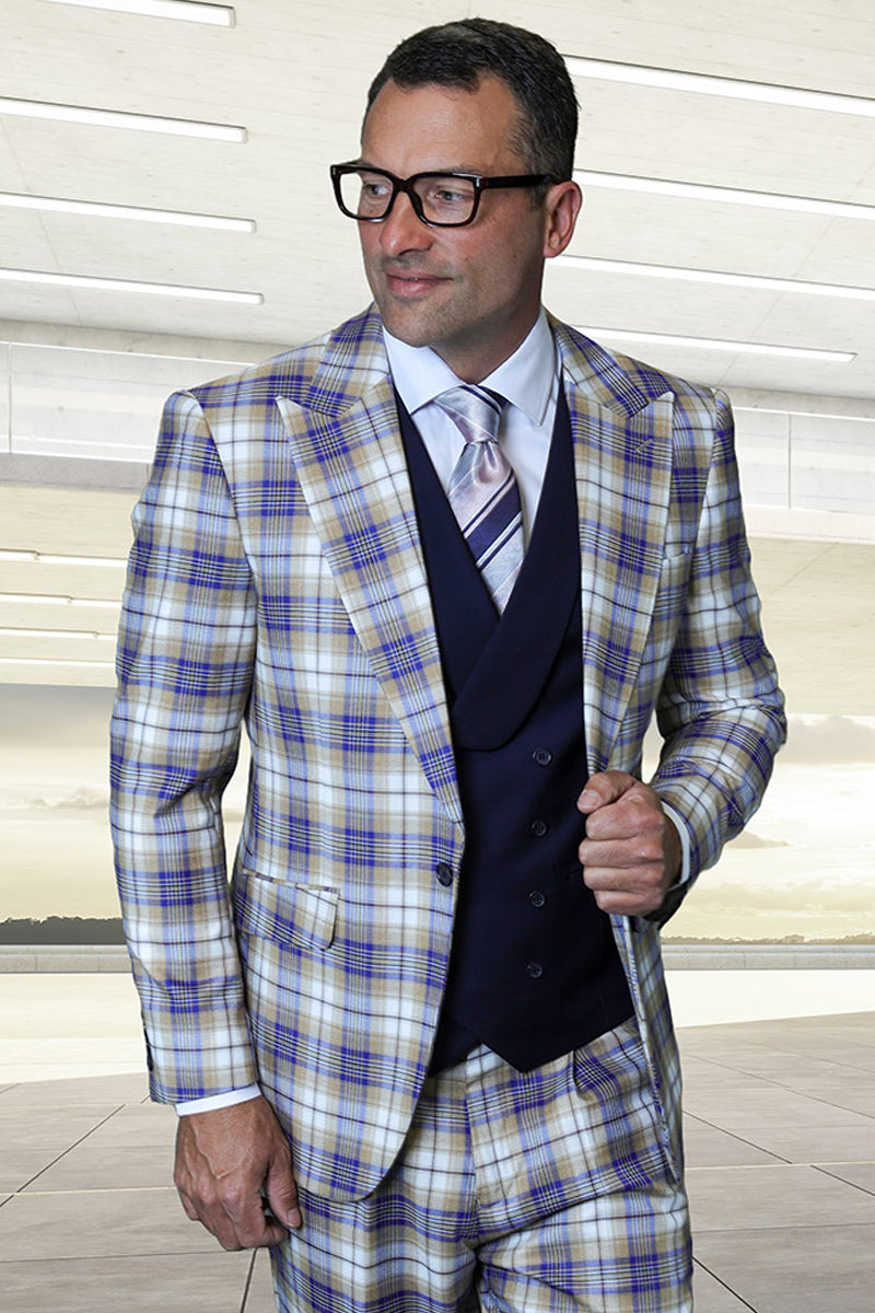 Statement Men's 3 Piece 100% Wool Powder Blue Suit - Double Breasted Vest