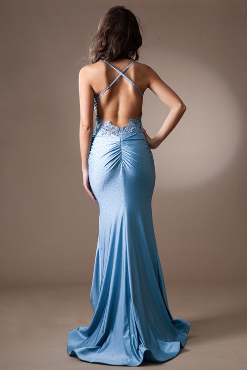 Spaghetti Strap Beaded Bodice Ruched Mermaid Evening Gown By Amelia Couture TM1018