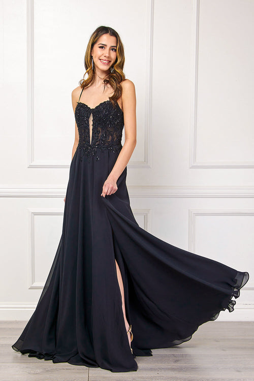 Black Beaded Corset A-Line Dress with Illusion Mesh, High Slit & Pockets by Amelia Couture 7066