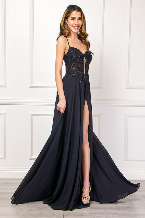 Black Beaded Corset A-Line Dress with Illusion Mesh, High Slit & Pockets by Amelia Couture 7066