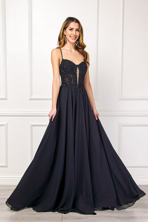 Black Beaded Corset A-Line Dress with Illusion Mesh, High Slit & Pockets by Amelia Couture 7066