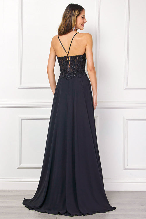 Black Beaded Corset A-Line Dress with Illusion Mesh, High Slit & Pockets by Amelia Couture 7066