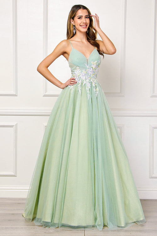 Floral Applique Glitter Tulle A-Line Dress with Pockets V-Neck Corset Back by Amelia Couture SU088