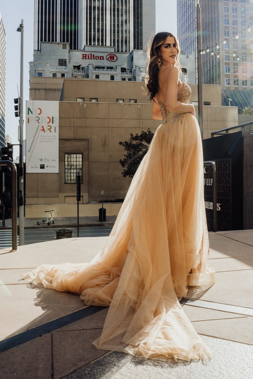 Champagne Beaded Corset Mermaid Prom Dress with Detachable Tulle Train by Amelia Couture SU091