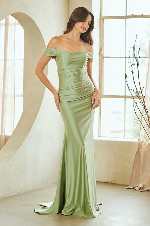 Off-Shoulder Satin Sheath Gown with Matching Scarf Ruched Lace-Up Back by Amelia Couture 3101