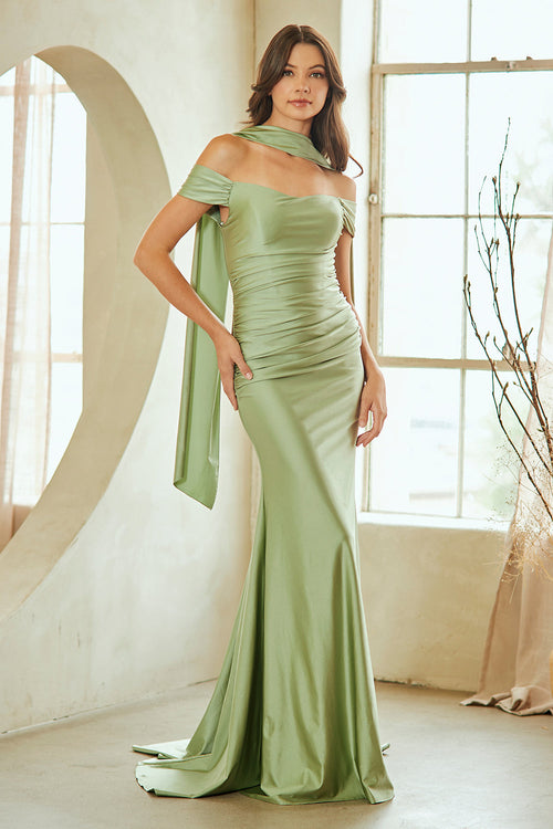 Off-Shoulder Satin Sheath Gown with Matching Scarf Ruched Lace-Up Back by Amelia Couture 3101