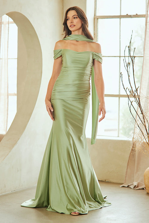 Off-Shoulder Satin Sheath Gown with Matching Scarf Ruched Lace-Up Back by Amelia Couture 3101