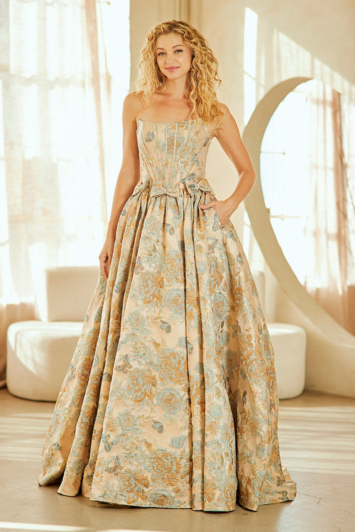 Strapless Floral Jacquard A-Line Gown with Corset Back and Bow Waist Detail by Amelia Couture 8068