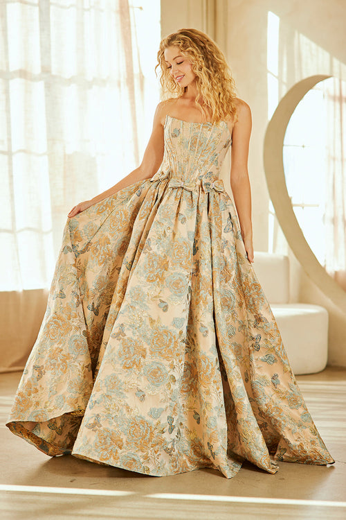 Strapless Floral Jacquard A-Line Gown with Corset Back and Bow Waist Detail by Amelia Couture 8068