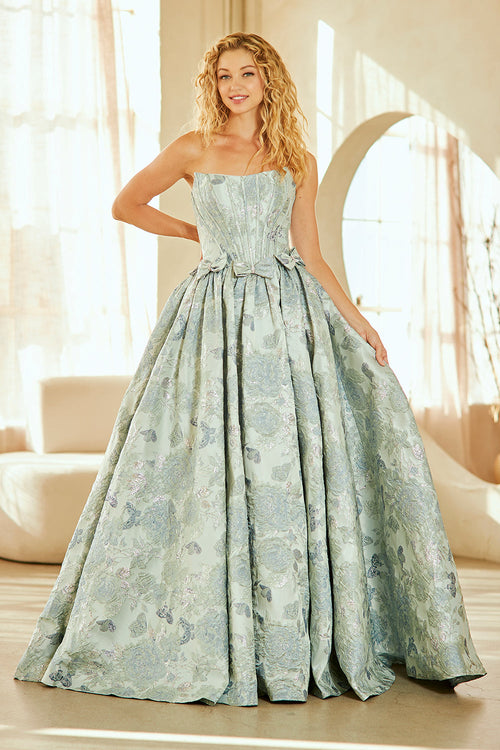 Strapless Floral Jacquard A-Line Gown with Corset Back and Bow Waist Detail by Amelia Couture 8068