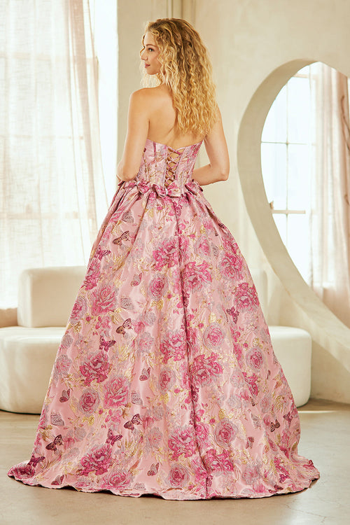 Strapless Floral Jacquard A-Line Gown with Corset Back and Bow Waist Detail by Amelia Couture 8068