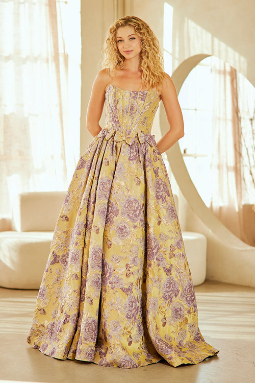 Strapless Floral Jacquard A-Line Gown with Corset Back and Bow Waist Detail by Amelia Couture 8068