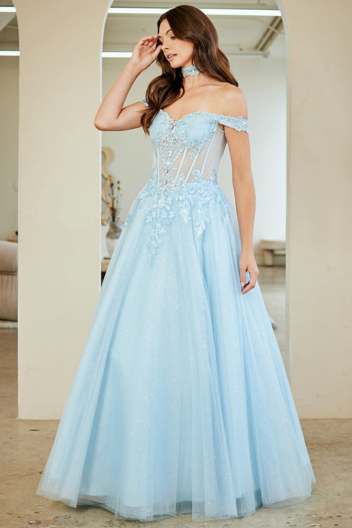 Off Shoulder A-Line Gown with Corset Bodice Glitter Tulle Skirt by Amelia Couture 8064