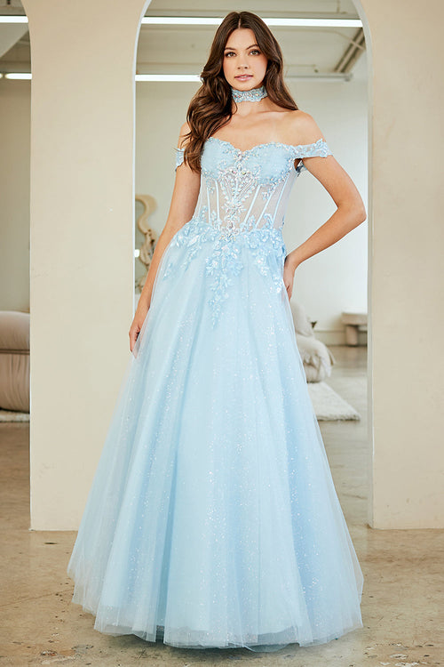 Off Shoulder A-Line Gown with Corset Bodice Glitter Tulle Skirt by Amelia Couture 8064