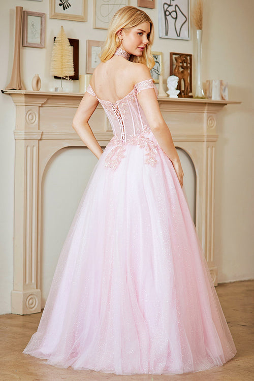 Off Shoulder A-Line Gown with Corset Bodice Glitter Tulle Skirt by Amelia Couture 8064
