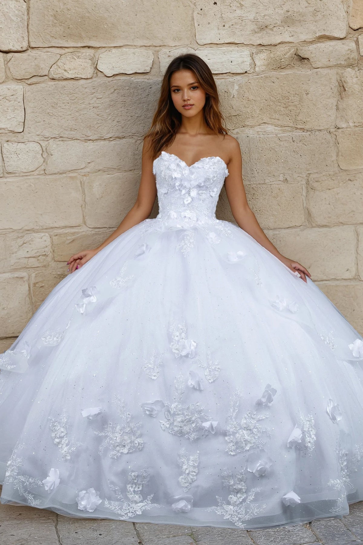 Juliet 1495HW 3D Floral Appliqué Glitter Tulle Strapless Wedding Ball Gown – SuitUSA