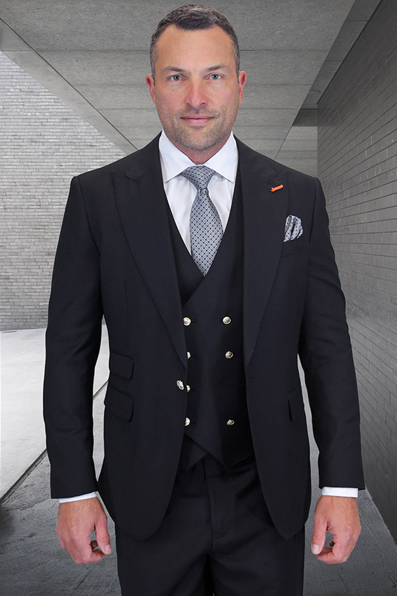 Men's Designer Wool Vested One Button Peak Lapel Suit in Black with Gold Buttons – SuitUSA