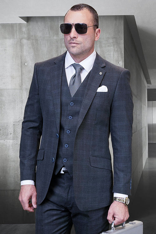 Men's Designer Wool Two Button Vested Modern Fit Plaid Suit in Charcoal Grey by Statement