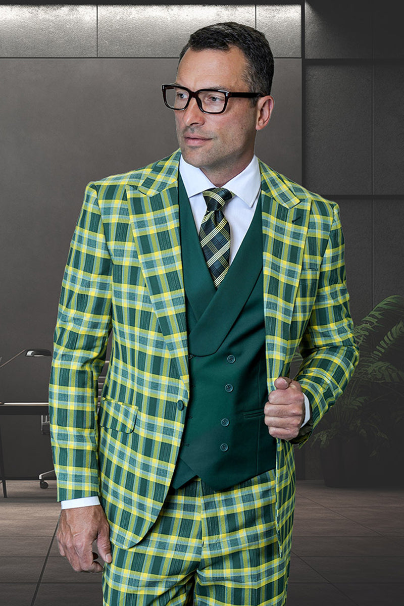 Men's Designer One Button Peak Lapel Italian Wool Suit with Double Breasted Vest in Hunter Green Plaid