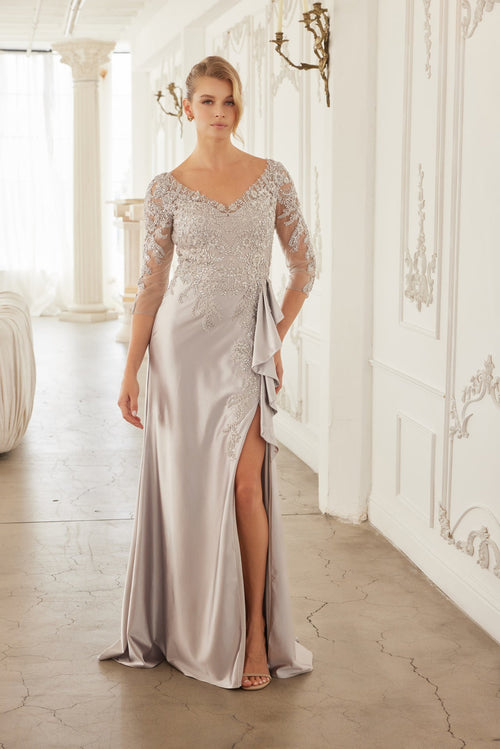 3/4 Sleeve Mother of the Bride Dress with Beaded Appliqués Formal Gown