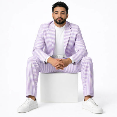 Inserch Mens Premium Cotton Seersucker Stripe Suit – Purple