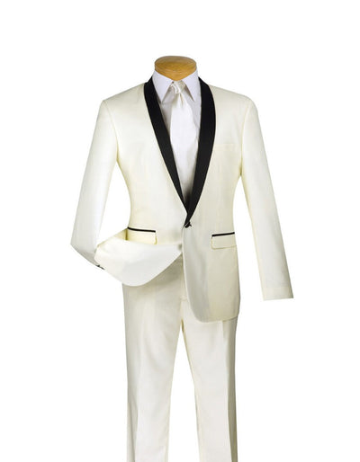 White Prom Suit - White Prom Tuxedo Suits - White Wedding Tuxedo Ivory & Black Shawl Tuxedo