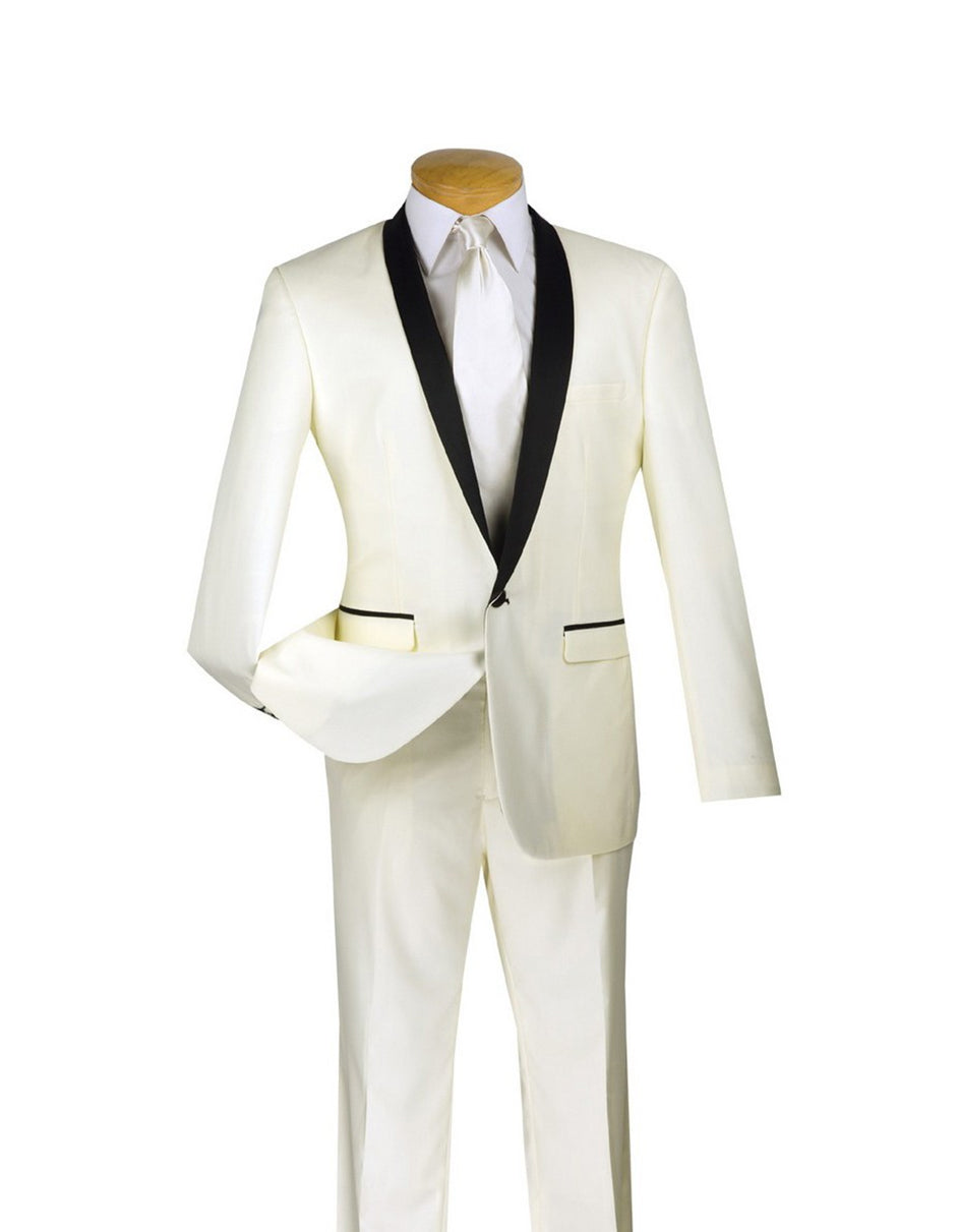 White Prom Suit - White Prom Tuxedo Suits - White Wedding Tuxedo Ivory & Black Shawl Tuxedo by PROMTUXEDO
