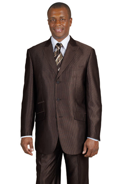 Mens 3 Button Peak Lapel Shiny Sharkskin Micro Pinstripe Suit in Brown by Fortino Landiin