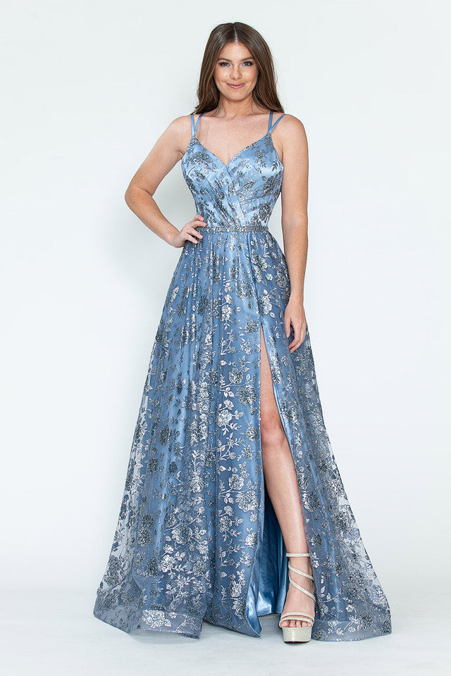 Glitter Embellished A-Line Gown with Corset Back & Stone Belt Formal Prom Dress by Lenovia 8235 – SuitUSA