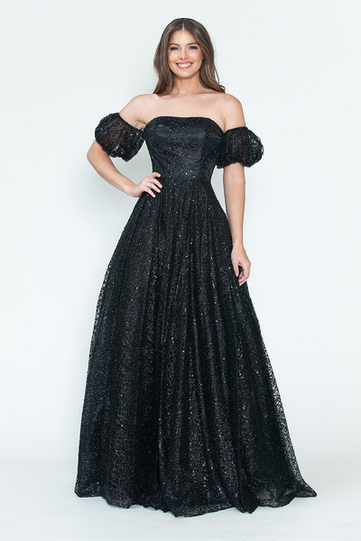 Glitter Tulle A-Line with Puff Sleeves Formal Evening Dress By Lenovia 8242