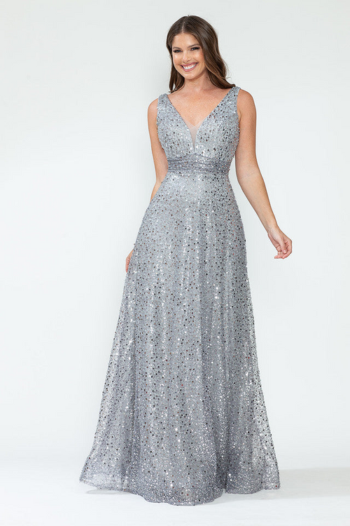 Sequin V-Neck A-Line Evening Gown with Glitter Mesh Overlay Sleeveless Formal Prom Dress By Lenovia 8217