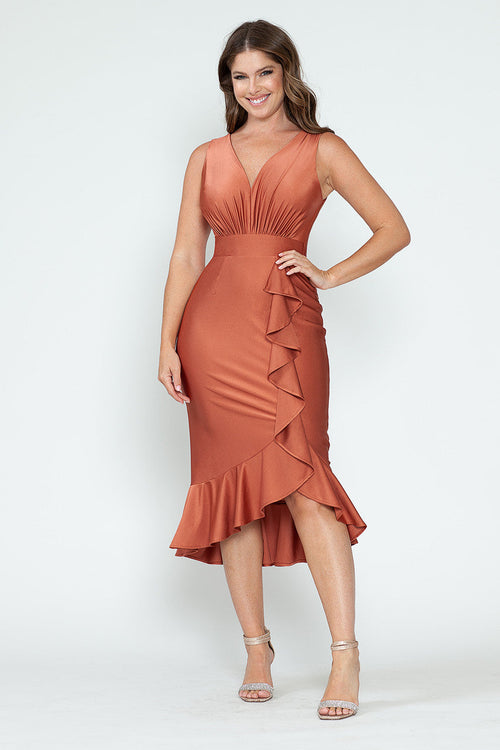 Lenovia 5280 Ruffled High Low Stretch Midi Dress with Open Back