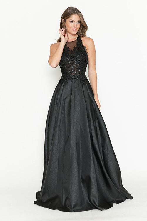 A-Line Gown with Sheer Lace Bodice & Halter Neckline By Lenovia 8181