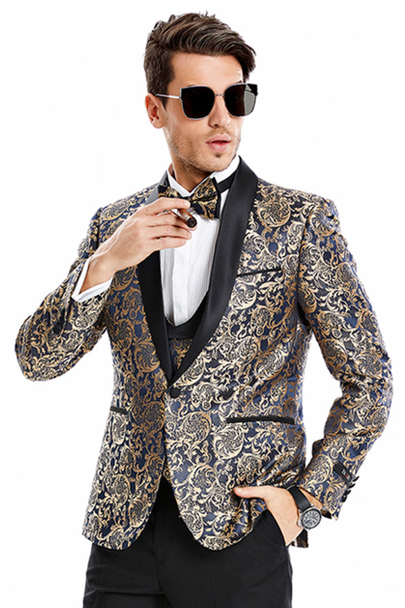 Men's Navy & Gold Paisley One Button Vested Suit