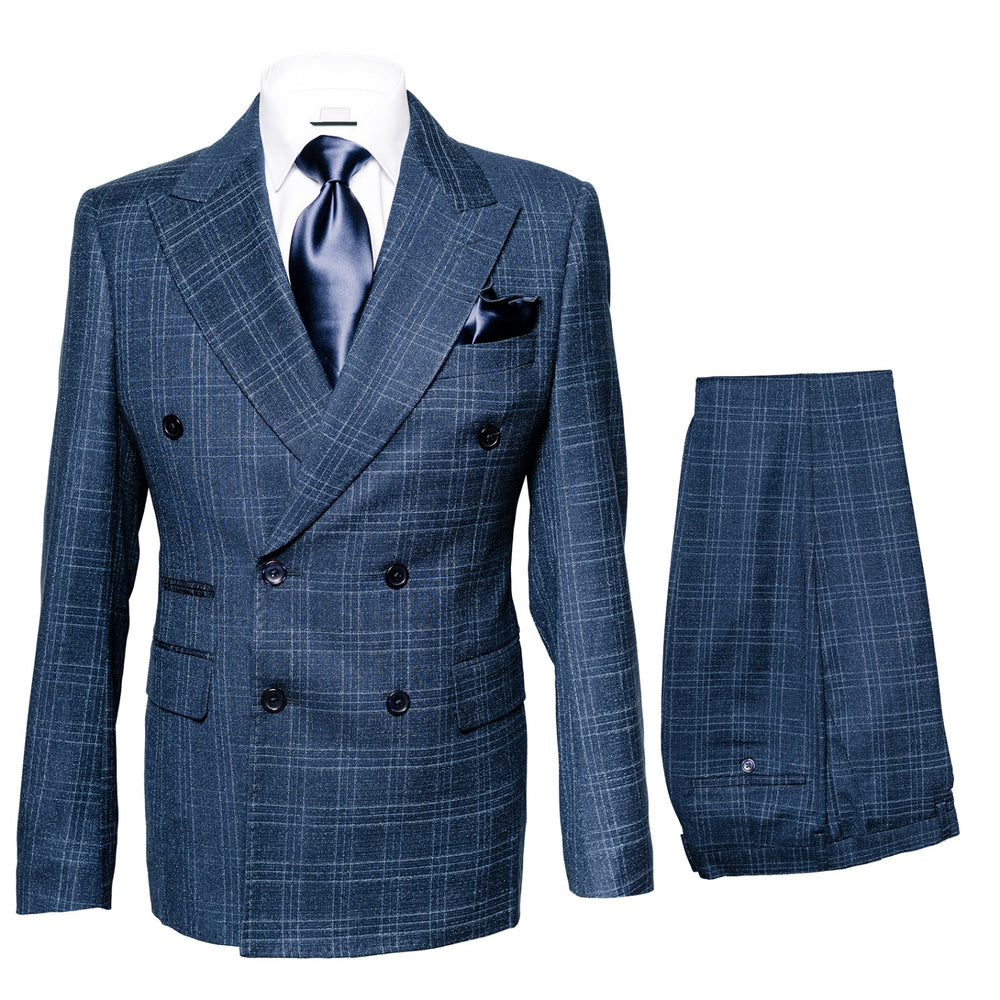 Mens Plaid Windowpane Business Suit - Navy Blue