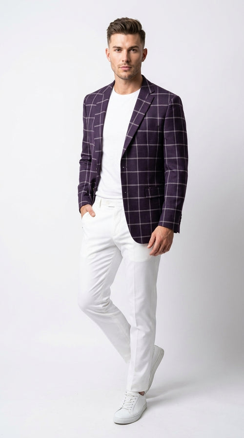 Men's Purple Windowpane Sport Coat β Classic Fit Plaid Blazer Jacket for Business, Wedding & Casual Wear