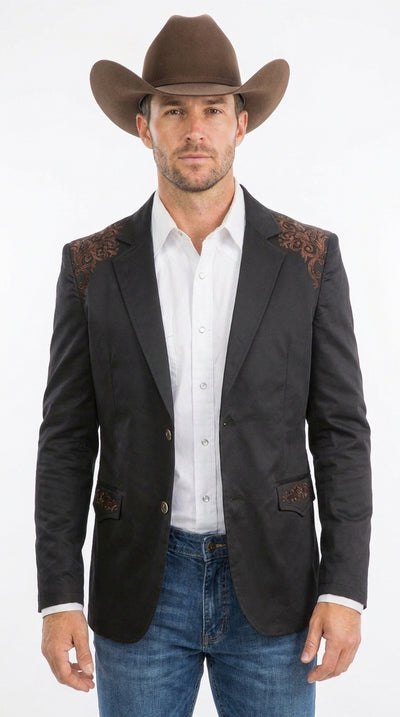 Menβs Black & Brown Western Blazer β Cowboy Sport Coat with Brown Embroidered Shoulder & Back Design