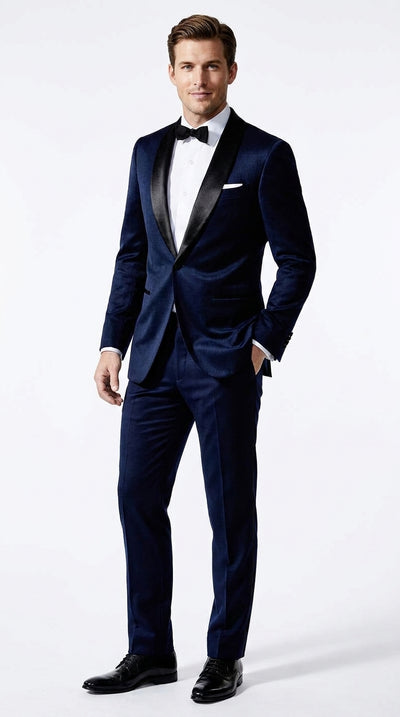 Men’s James Bond Inspired Navy Blue Tuxedo – Black Shawl Lapel Wedding & Prom Suit