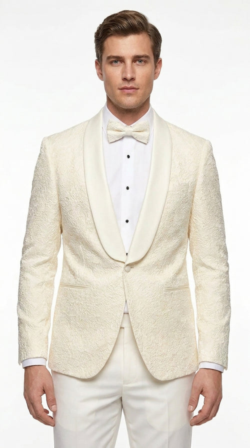 Men’s Ivory Off White Jacquard Dinner Jacket – Cream Tuxedo Blazer for Weddings & Formal Events + Bowtie included
