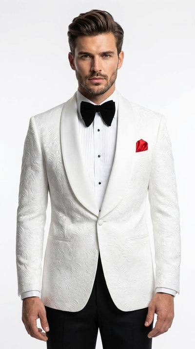 Men’s White Floral Tuxedo Jacket – Shawl Lapel Wedding & Prom Dinner Jacket