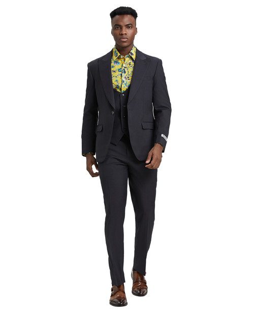 Stacy Adams Men’s Premium Charcoal gray-Dark Grey Modern Fit Three Piece One Button Peak Lapel Suit
