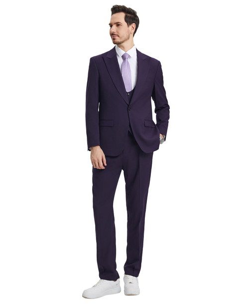 Stacy Adams Men’s Premium Eggplant-Dark Purple Modern Fit Three Piece One Button Peak Lapel Suit