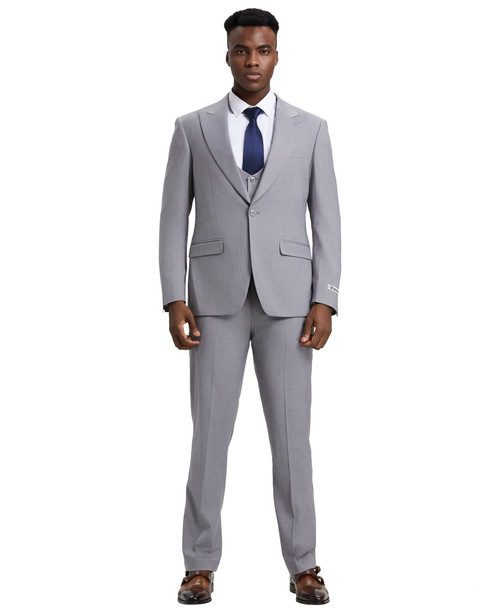 Stacy Adams Men’s Premium Light Gray Modern Fit Three Piece One Button Peak Lapel Suit