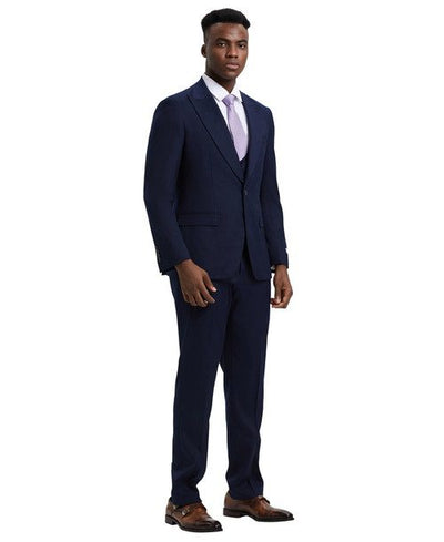 Stacy Adams Men’s Premium Navy Blue Modern Fit Three Piece One Button Peak Lapel Suit