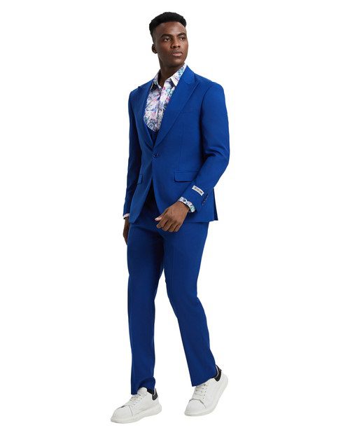 Stacy Adams Men’s Premium Royal Blue Modern Fit Three Piece One Button Peak Lapel Suit