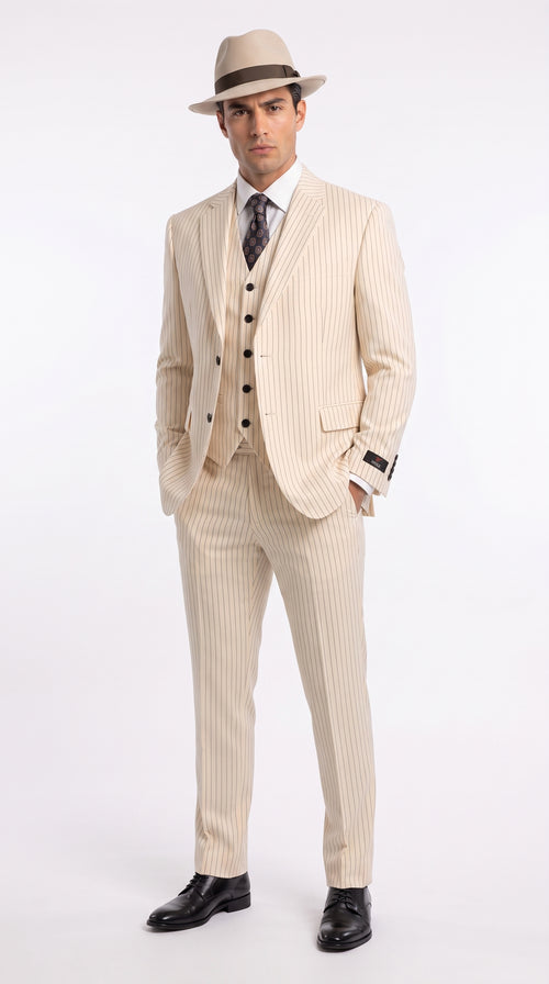 Men’s Ivory Cream Pinstripe Scarface Suit – Vintage Gangster Modern Fit 3-Piece Wedding Suit