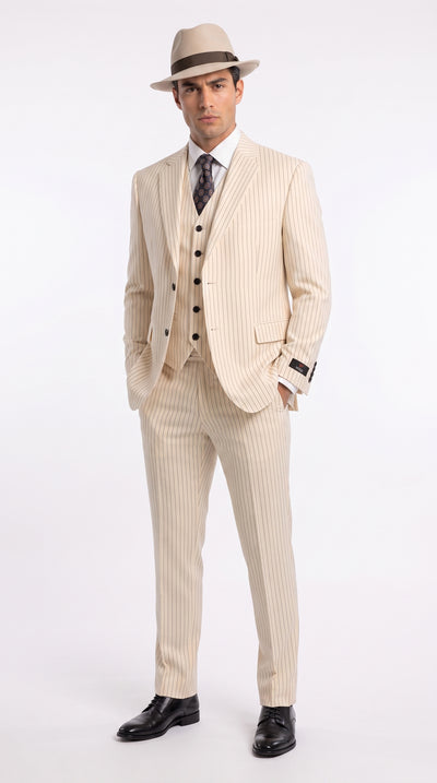 Menβs Ivory Cream Pinstripe Scarface Suit β Vintage Gangster Modern Fit 3-Piece Wedding Suit