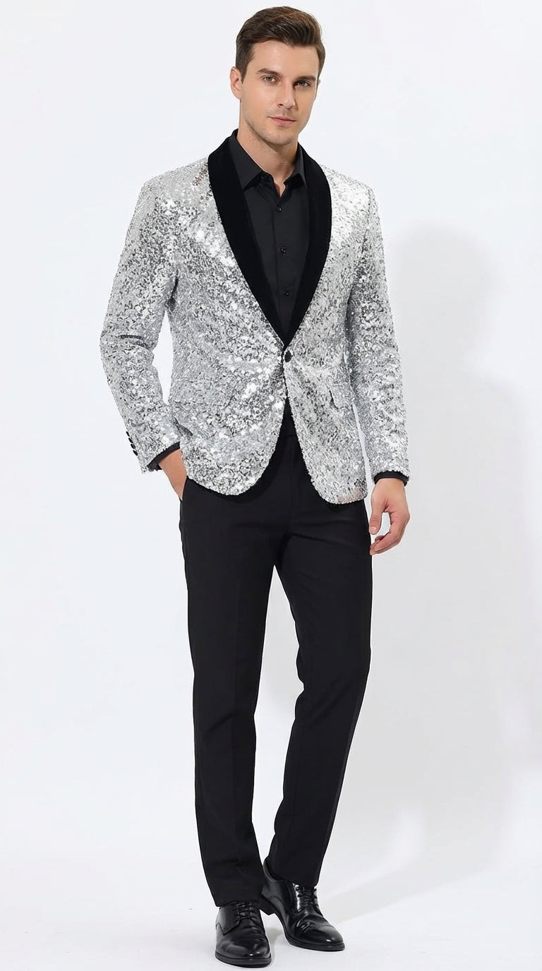 Men's Silver Sequin Blazer Disco Style Jacket – Black Lapel Party Blazer, Shiny evening elegant Wear, 70s Dance Outfit, Formal Event 34 Short